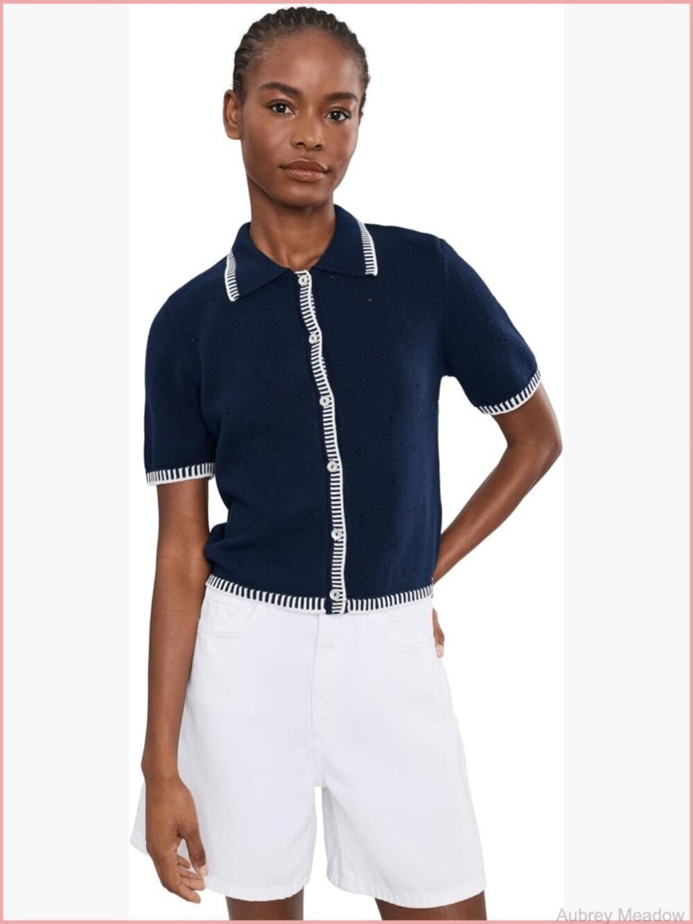 Short Sleeve Pointelle Contrast Stitch Cardigan - Picture 1 of 5